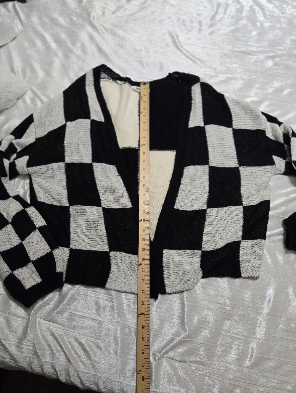 Black and Cream Checkered Open-Front Women's Sweater Cardigan EUC by Double Zero - Picture 7 of 12
